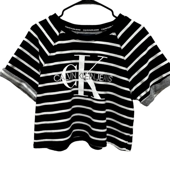 CALVIN Klein Black Striped Cotton Blend Boat Neck Short Sleeve Crop Top, Size M - Picture 9 of 12